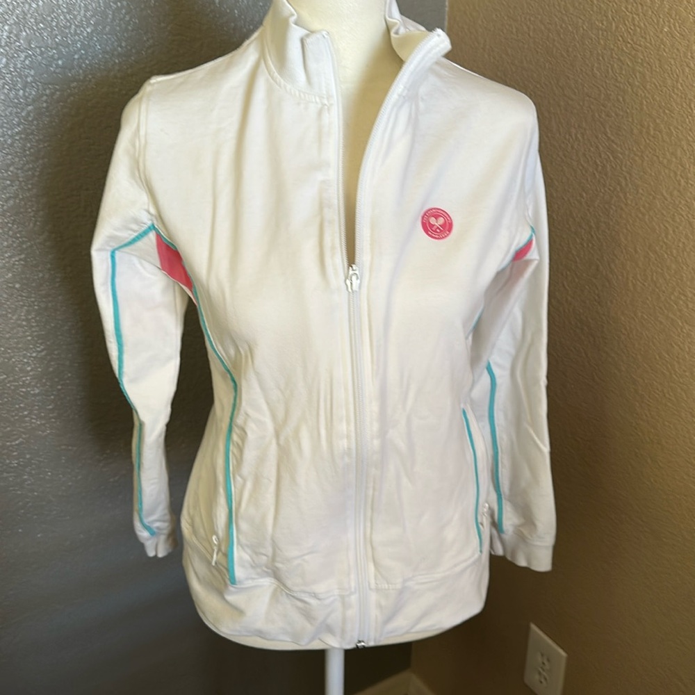Wimbledon EUC size 8 white pink blue full zip sweater